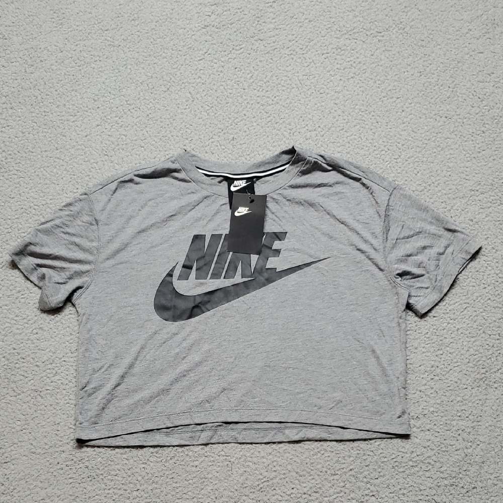 Nike Women's Light Gray Cropped T-Shirt with Black Swoosh Size M